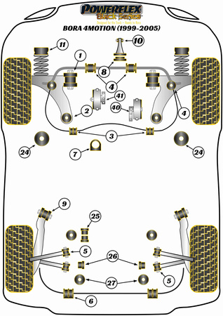 Přední lichoběžníkové rameno Zadní pouzdro Polyuretanové pouzdro Powerflex Black Series Volkswagen Bora Models Bora A4 (AJ) (1999-2005) Bora 4Motion (1999-2005) PFF85-410BLK