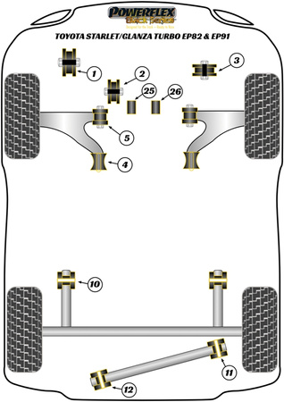 Zadní Panhardova tyč na pouzdro nosníku Polyuretanové pouzdro Powerflex Black Series Toyota Starlet GT Turbo EP82/Glanza V EP91 (1990 - 1999) PFR76-414BLK