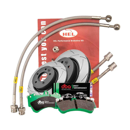 Sada předních brzdových kotoučů DBA 4000 série - T3 - DBA42166S + Přední brzdové destičky DBA Brzdové destičky Street Performance Hawk HB805x.615 - DB9021SP + HEL pletené brzdové vedení Ford Mustang 6th Generation