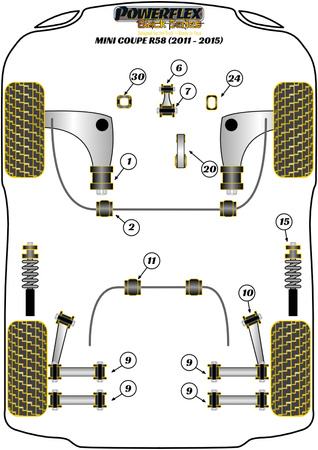 Spodní držák motoru Malé pouzdro Polyuretanové pouzdro Powerflex Black Series Mini R58 Coupe (2011 - 2015) PFF5-206BLK