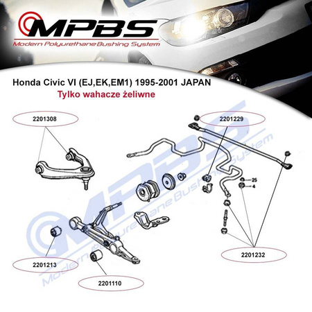 Přední spodní pouzdro příčného ramene nápravy (zadní) - MPBS 2201213 Acura Integra III / Type R, Honda CRX del Sol, Civic V (EJ,EG,EH), VI (MB,MC,MA), UK, III, MG ZS, Rover 400, 45,