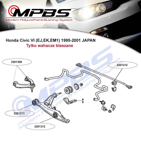Přední spodní pouzdro příčného ramene nápravy (zadní) - MPBS 2201213 Acura Integra III / Type R, Honda CRX del Sol, Civic V (EJ,EG,EH), VI (MB,MC,MA), UK, III, MG ZS, Rover 400, 45,
