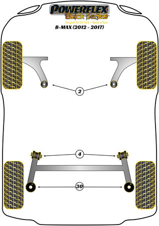 Přední lichoběžníkové rameno Zadní pouzdro, rejdové čepy nastavitelné Polyuretanové pouzdro Powerflex Black Series Ford B-Max (2012-2017) PFF19-1502GBLK