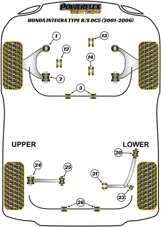 Zadní spodní rameno Vnější zadní pouzdro Polyuretanové pouzdro Powerflex Black Series Honda Integra Models Integra Mk4 DC5 Type R/S (2001 - 2006) PFR25-323BLK