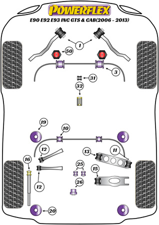 Nastavení předního rádiusového ramene k pouzdru podvozku Polyuretanové pouzdro Powerflex Road Series BMW 3 Series E90, E91, E92 & E93 (2005-2013) E9* M3 inc GTS & Cab PFF5-401G
