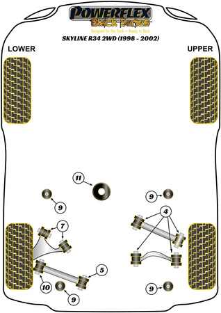 Pouzdro pro montáž zadního pomocného rámu Polyuretanové pouzdro Powerflex Black Series Nissan Skyline R34 2WD Incl. 25GT, 25GTT & GTV(1998 - 2002) PFR46-212BLK