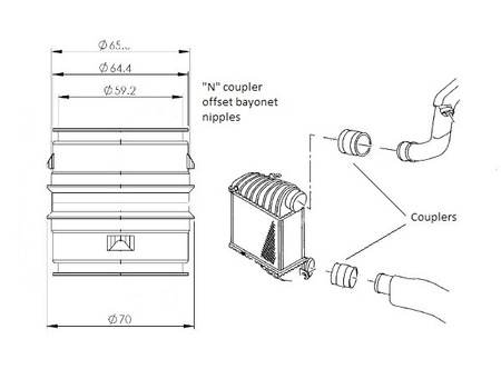Slitinový bajonetový spojovač samec-samec 65mm s vyosenými nástavci